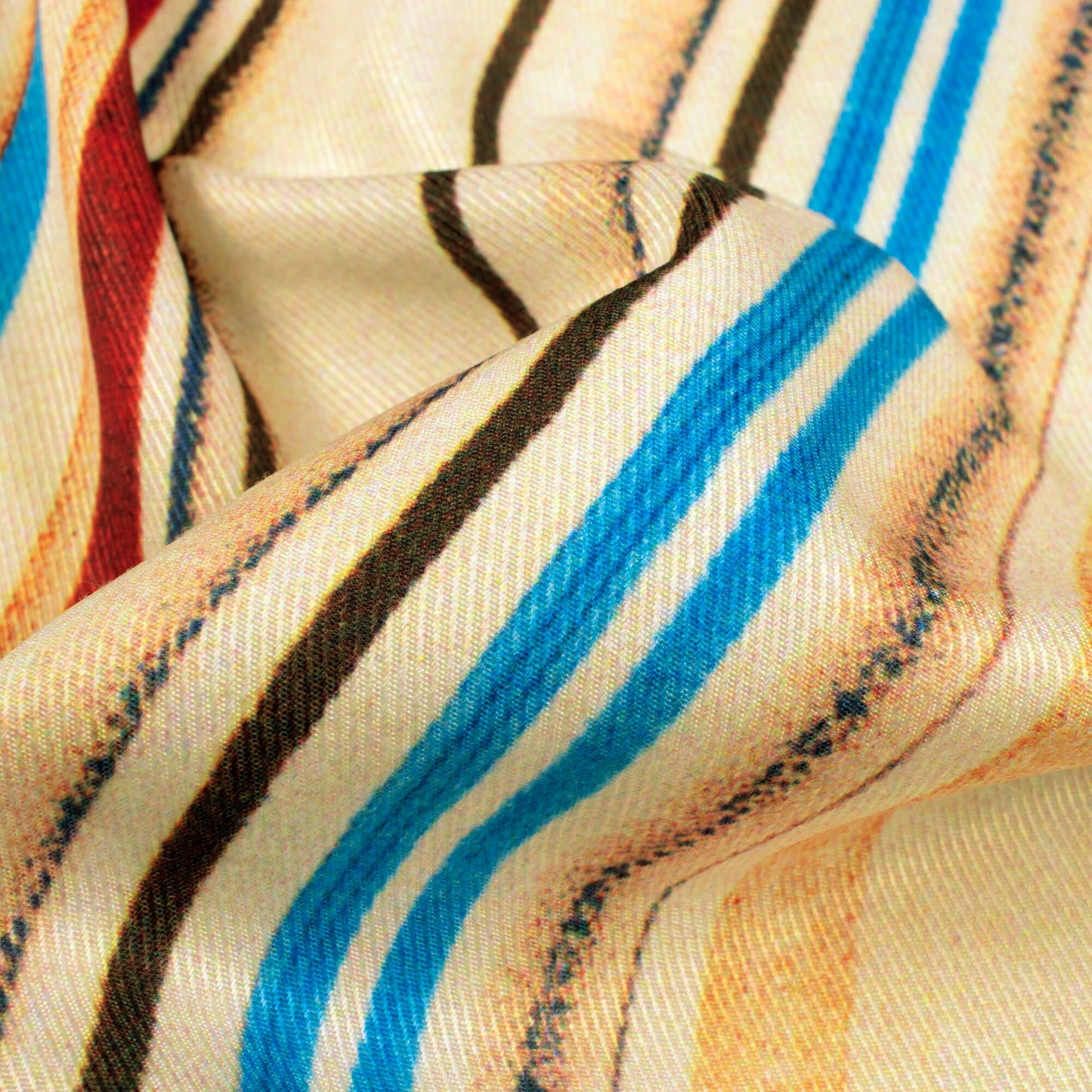Beige And Sky Blue Stripes Pattern Digital Print Twill Fabric (Width 56 Inches)