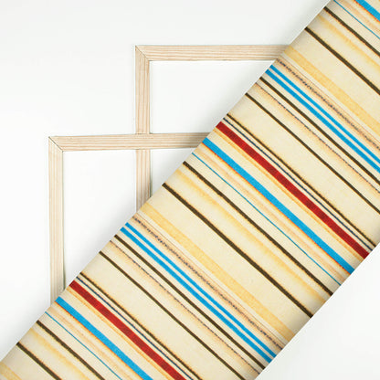 Beige And Sky Blue Stripes Pattern Digital Print Twill Fabric (Width 56 Inches)
