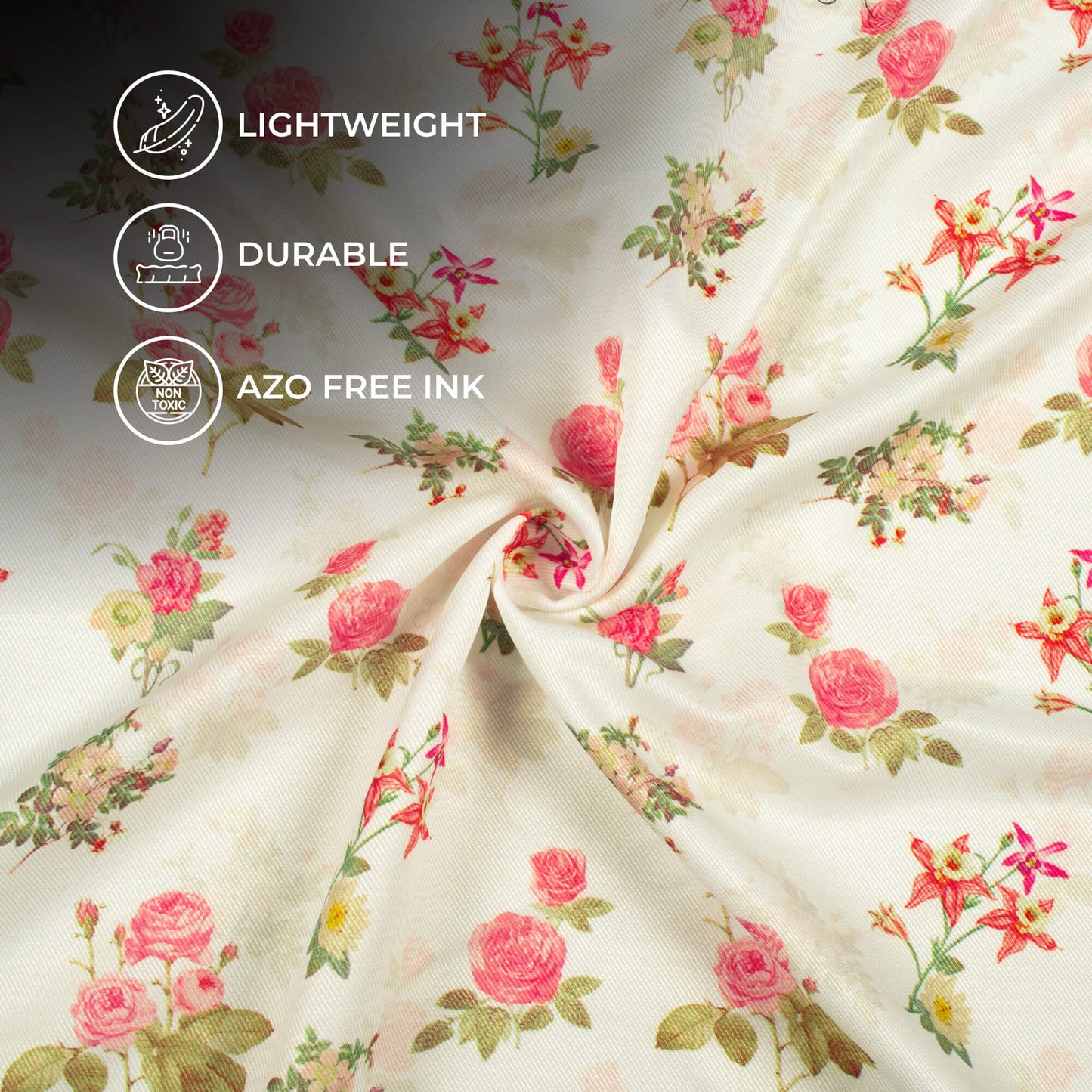 Ivory White And Pink Floral Pattern Digital Print Twill Fabric (Width 56 Inches)