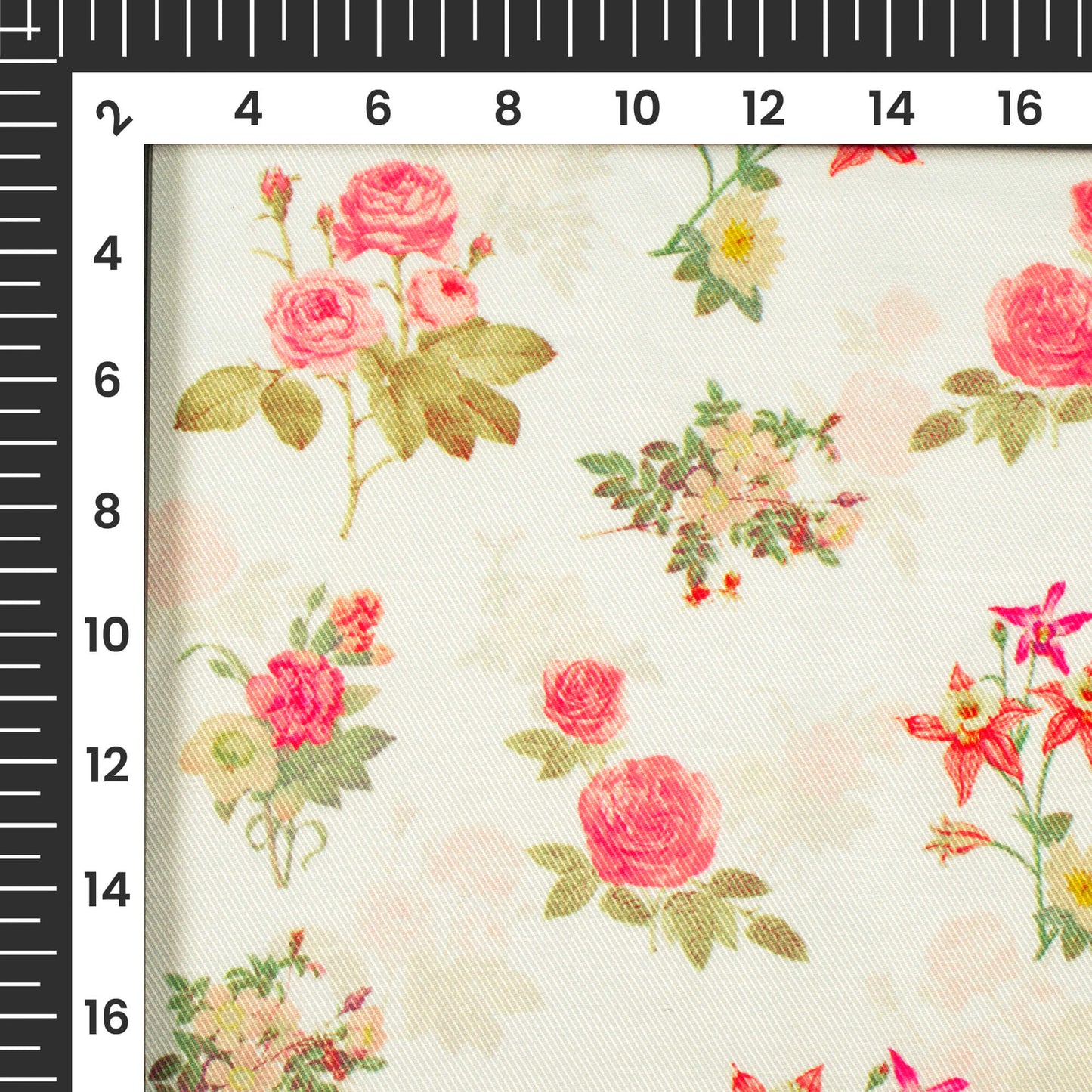 Ivory White And Pink Floral Pattern Digital Print Twill Fabric (Width 56 Inches)