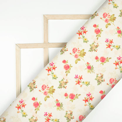 Ivory White And Pink Floral Pattern Digital Print Twill Fabric (Width 56 Inches)