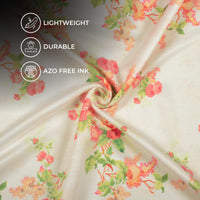 Ivory White And Pink Floral Pattern Digital Print Twill Fabric (Width 56 Inches)