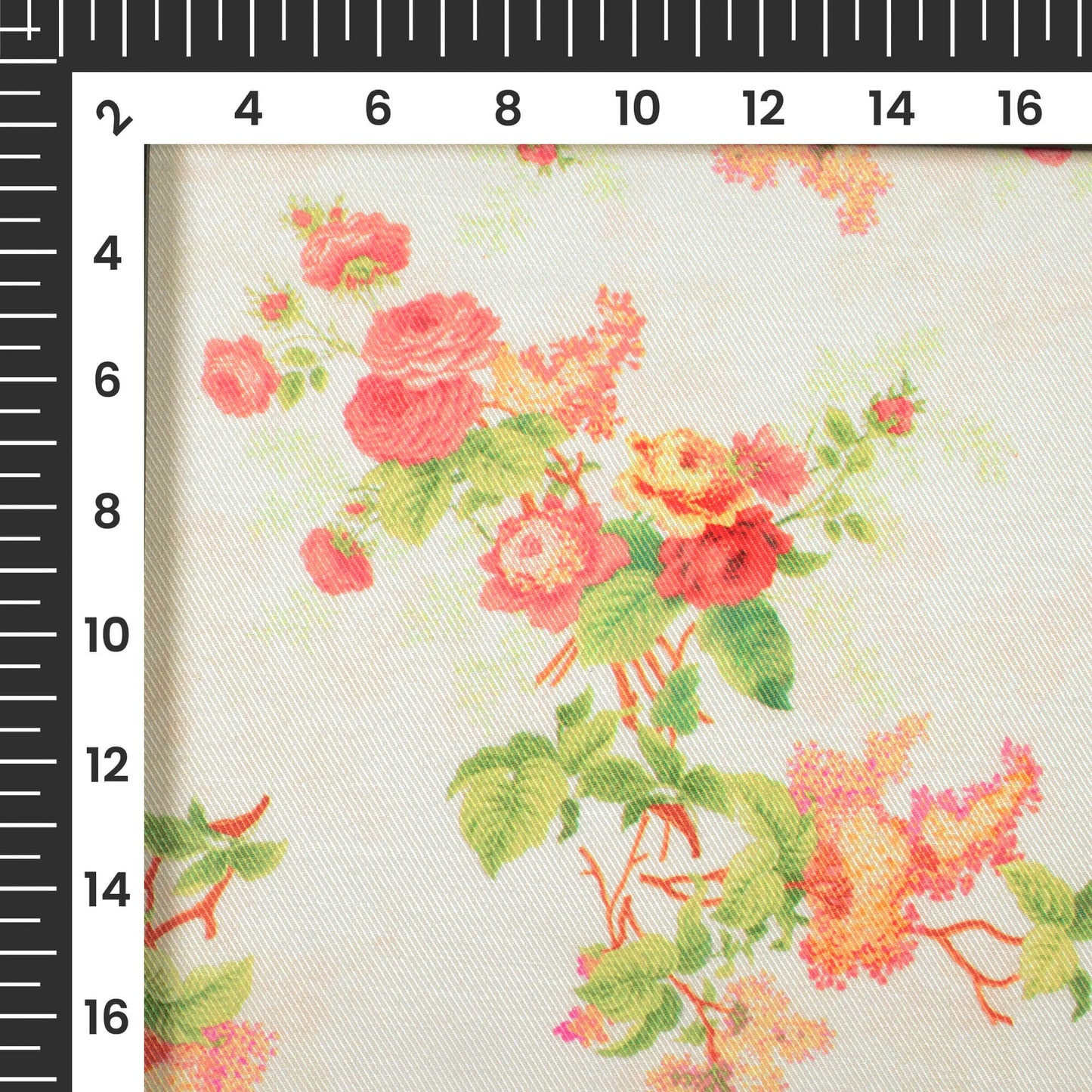 Ivory White And Pink Floral Pattern Digital Print Twill Fabric (Width 56 Inches)
