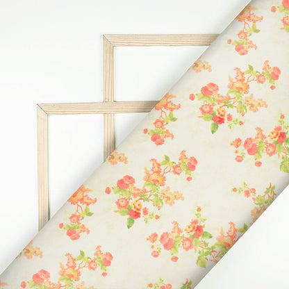 Ivory White And Pink Floral Pattern Digital Print Twill Fabric (Width 56 Inches)