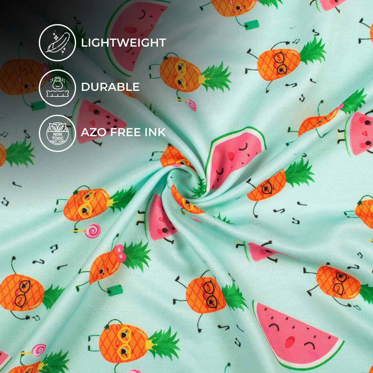 Light Blue And Taffy Pink Quirky Pattern Digital Print Twill Fabric (Width 56 Inches)