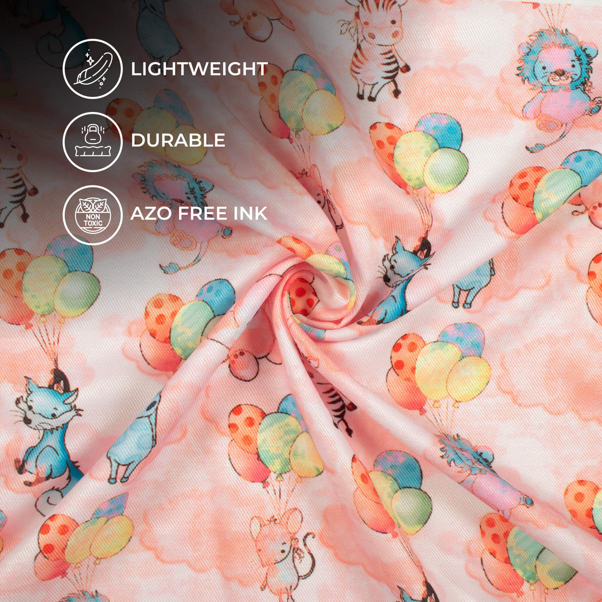 Salmon Pink And Blue Kids Pattern Digital Print Twill Fabric (Width 56 Inches)