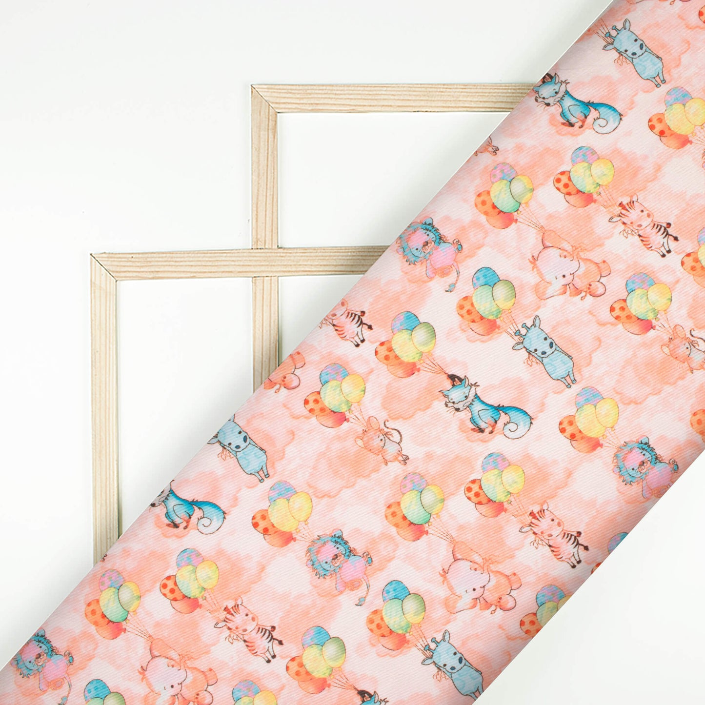 Salmon Pink And Blue Kids Pattern Digital Print Twill Fabric (Width 56 Inches)