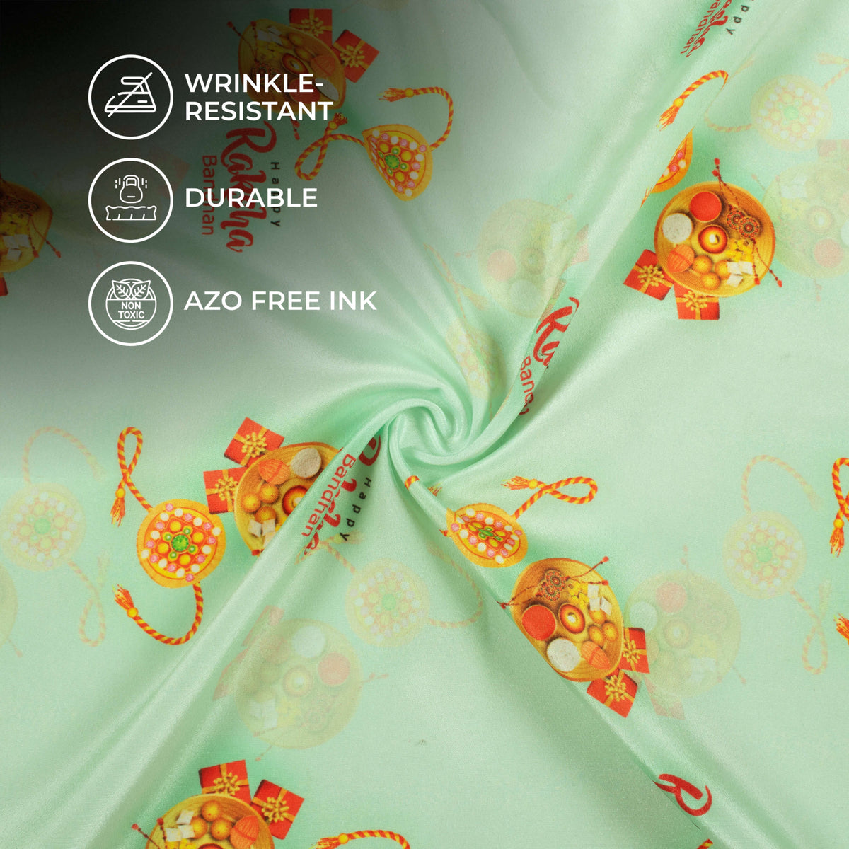 Mint Green And Amber Orange Rakhi Pattern Digital Print Crepe Silk Fabric
