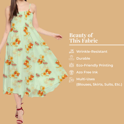 Mint Green And Amber Orange Rakhi Pattern Digital Print Crepe Silk Fabric