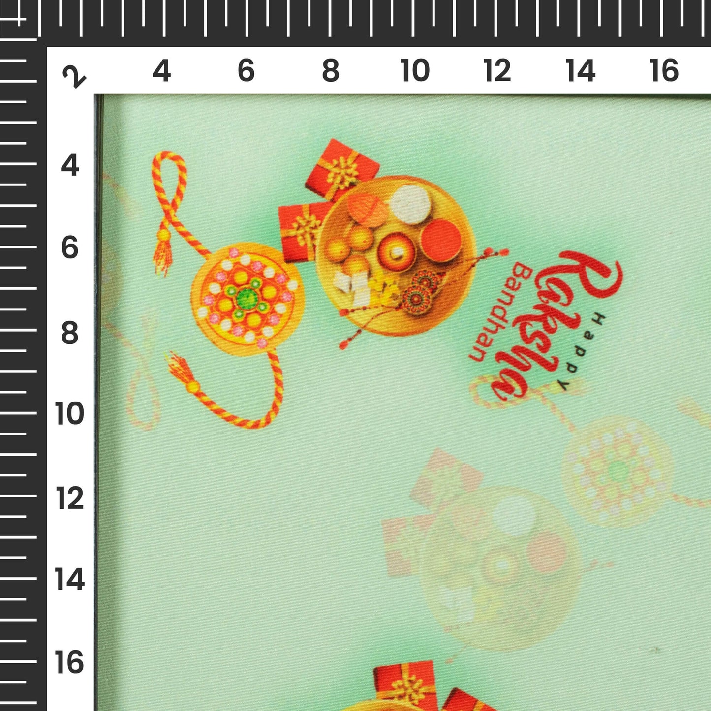 Mint Green And Amber Orange Rakhi Pattern Digital Print Crepe Silk Fabric