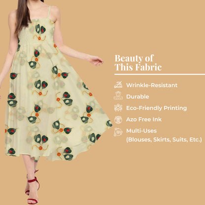 Mist Beige And Green Rakhi Pattern Digital Print Crepe Silk Fabric