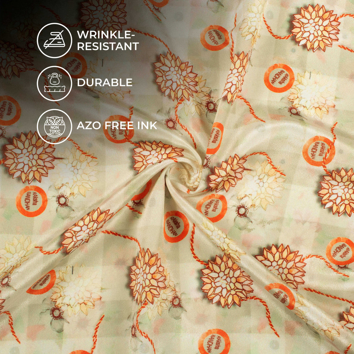 Mist Beige And Pastel Orange Rakhi Pattern Digital Print Crepe Silk Fabric