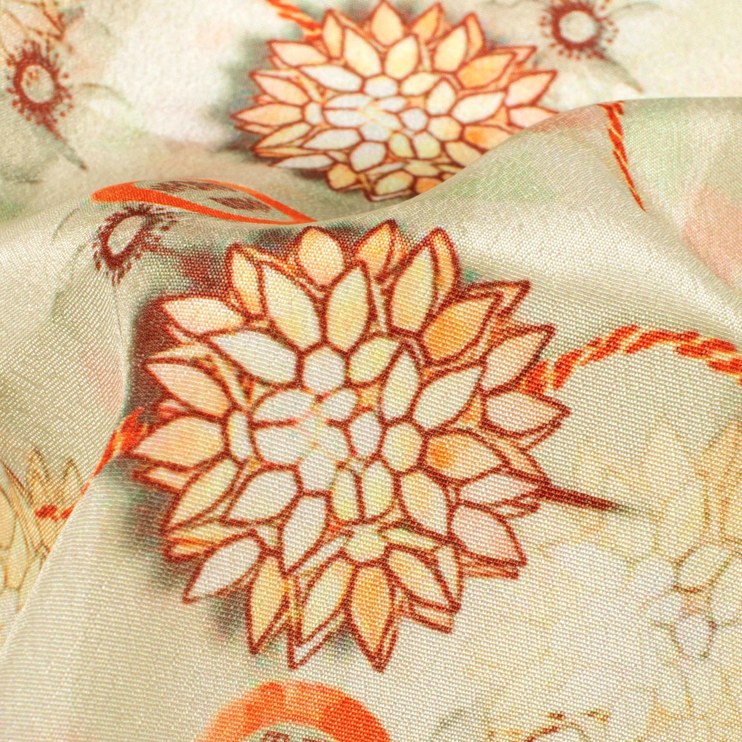 Mist Beige And Pastel Orange Rakhi Pattern Digital Print Crepe Silk Fabric