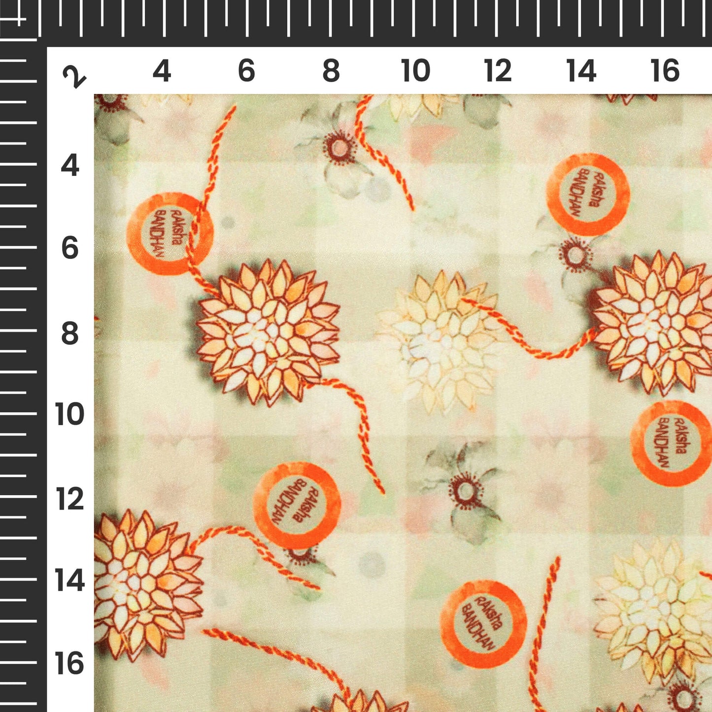 Mist Beige And Pastel Orange Rakhi Pattern Digital Print Crepe Silk Fabric