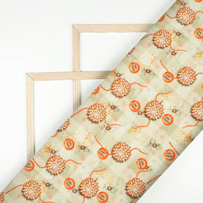 Mist Beige And Pastel Orange Rakhi Pattern Digital Print Crepe Silk Fabric