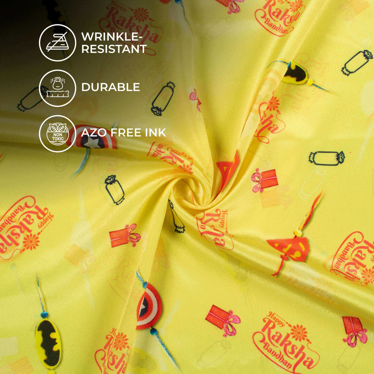 Lemon Yellow And Persian Red Rakhi Pattern Digital Print Crepe Silk Fabric