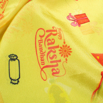 Lemon Yellow And Persian Red Rakhi Pattern Digital Print Crepe Silk Fabric