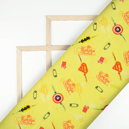 Lemon Yellow And Persian Red Rakhi Pattern Digital Print Crepe Silk Fabric