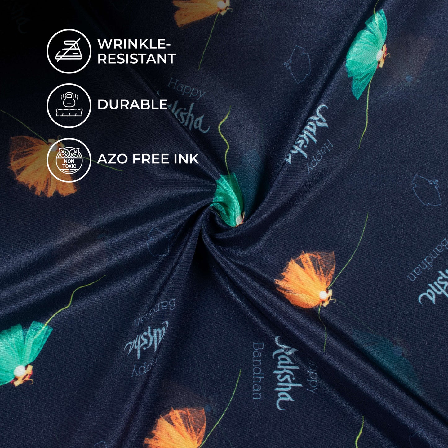 Navy Blue And Ocean Green Rakhi Pattern Digital Print Crepe Silk Fabric