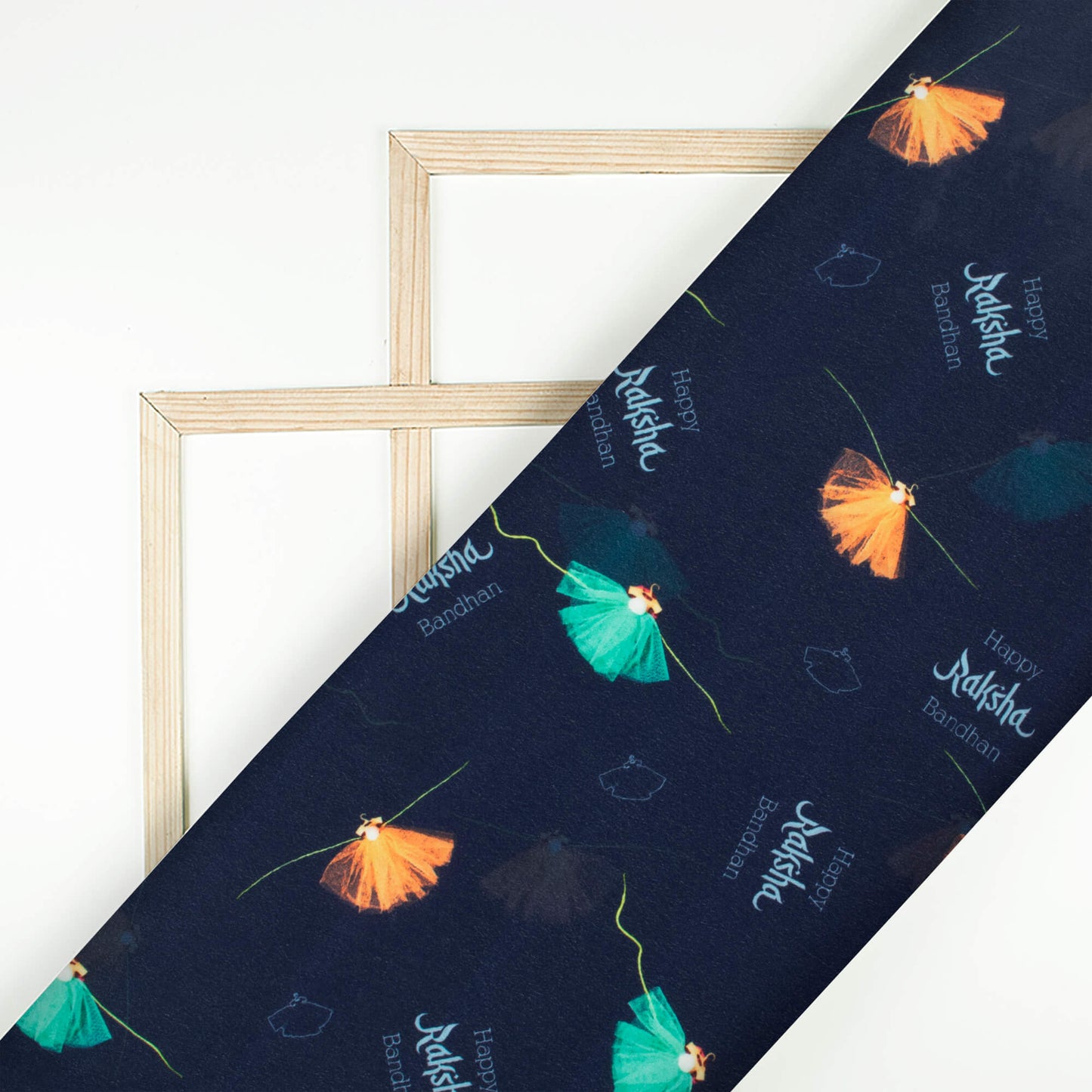 Navy Blue And Ocean Green Rakhi Pattern Digital Print Crepe Silk Fabric