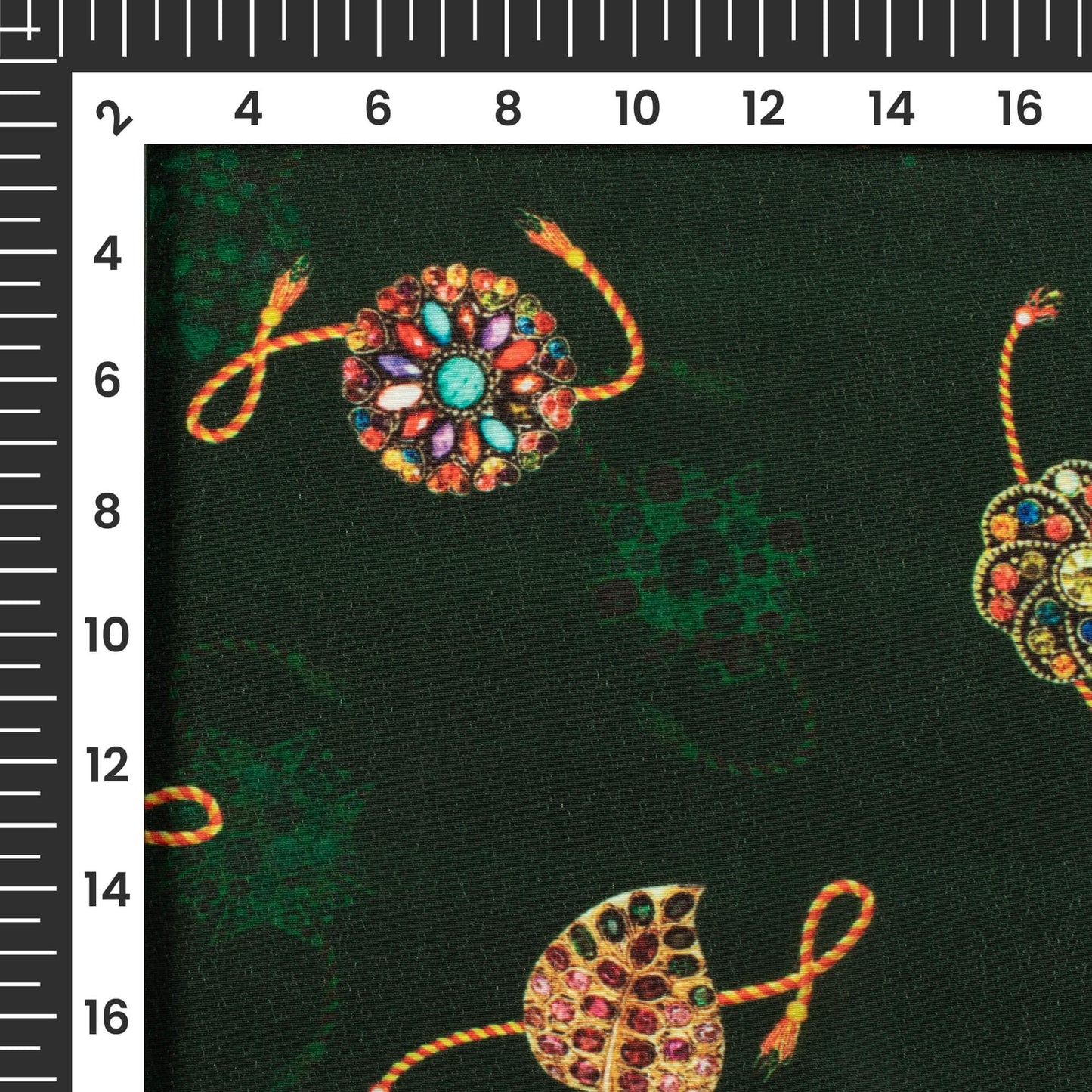 Forest Green And Yellow Rakhi Pattern Digital Print Crepe Silk Fabric