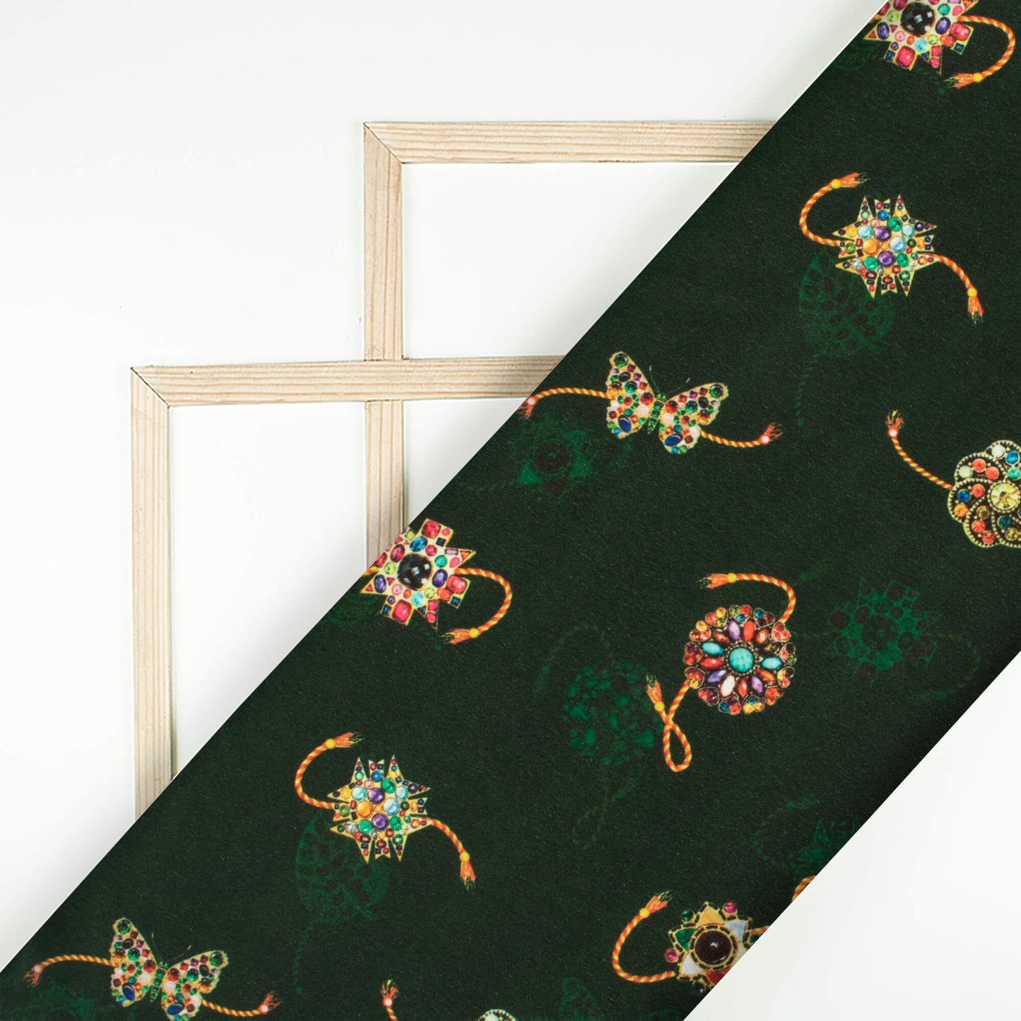Forest Green And Yellow Rakhi Pattern Digital Print Crepe Silk Fabric