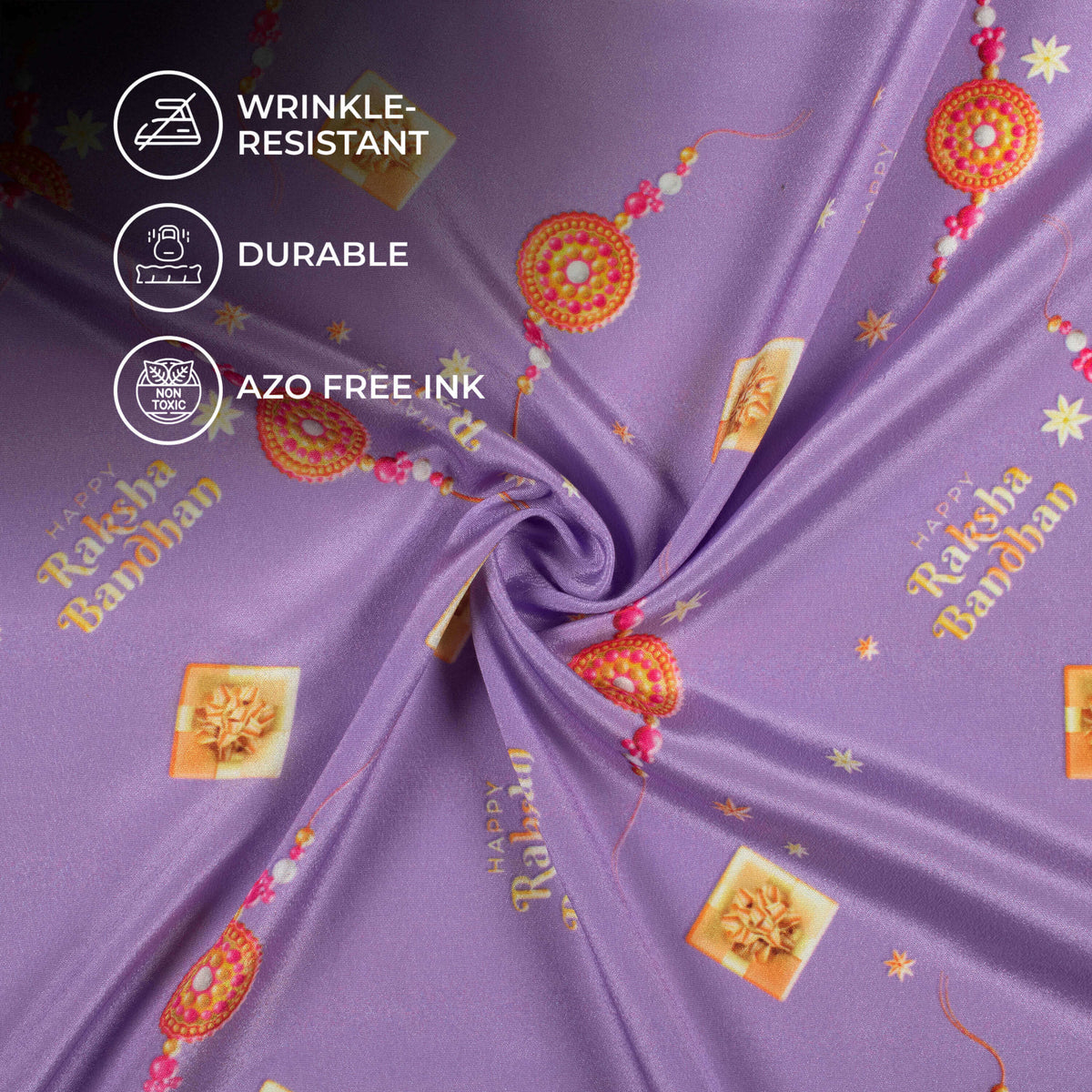 Periwinkle Purple And Yellow Rakhi Pattern Digital Print Crepe Silk Fabric