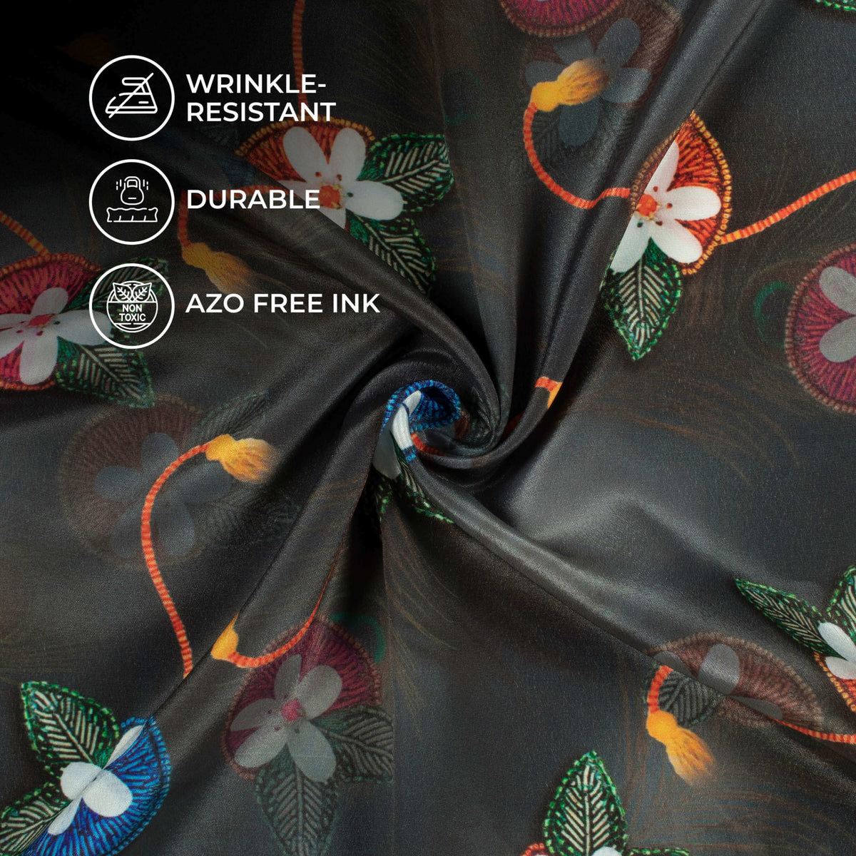 Black And Dark Orange Rakhi Pattern Digital Print Crepe Silk Fabric