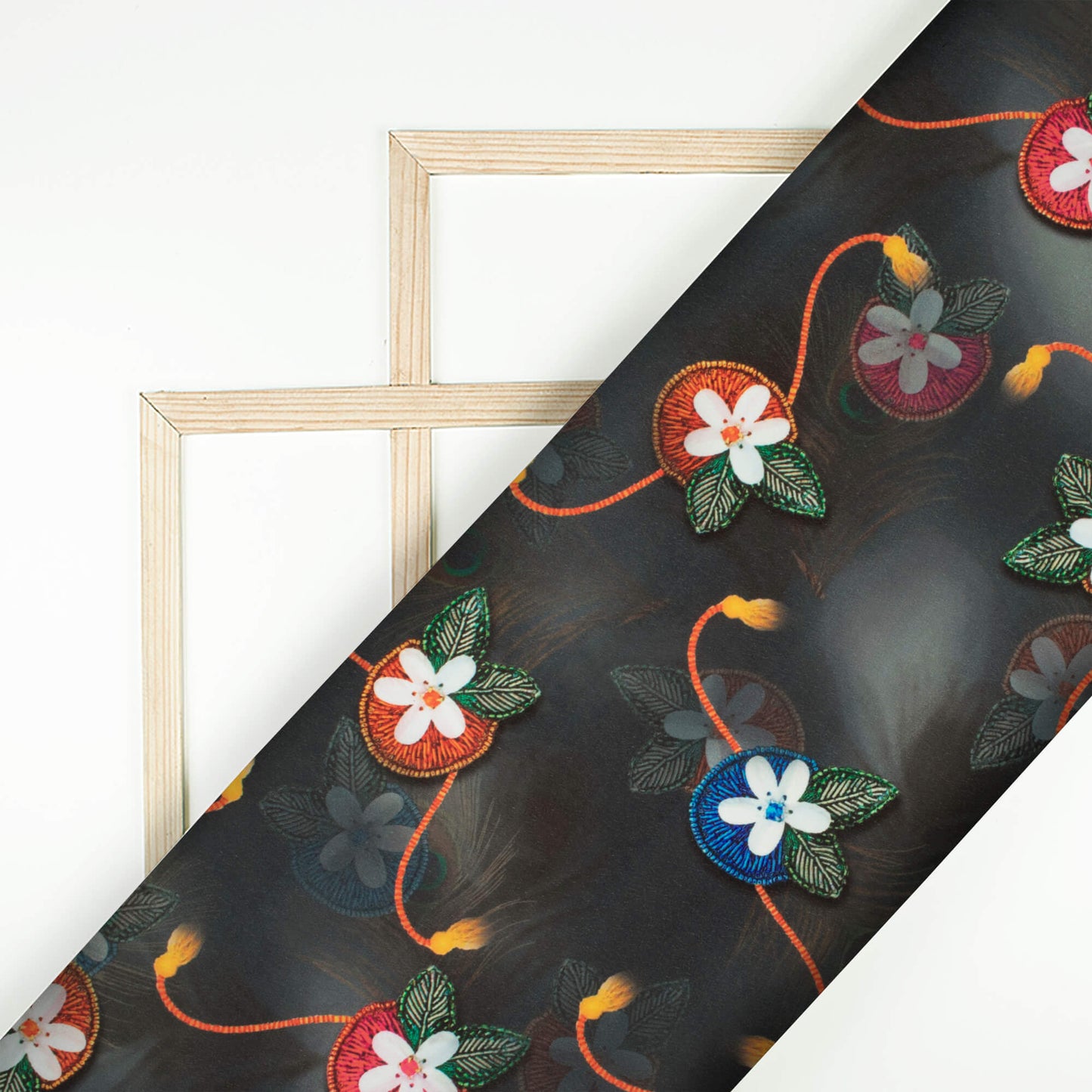 Black And Dark Orange Rakhi Pattern Digital Print Crepe Silk Fabric