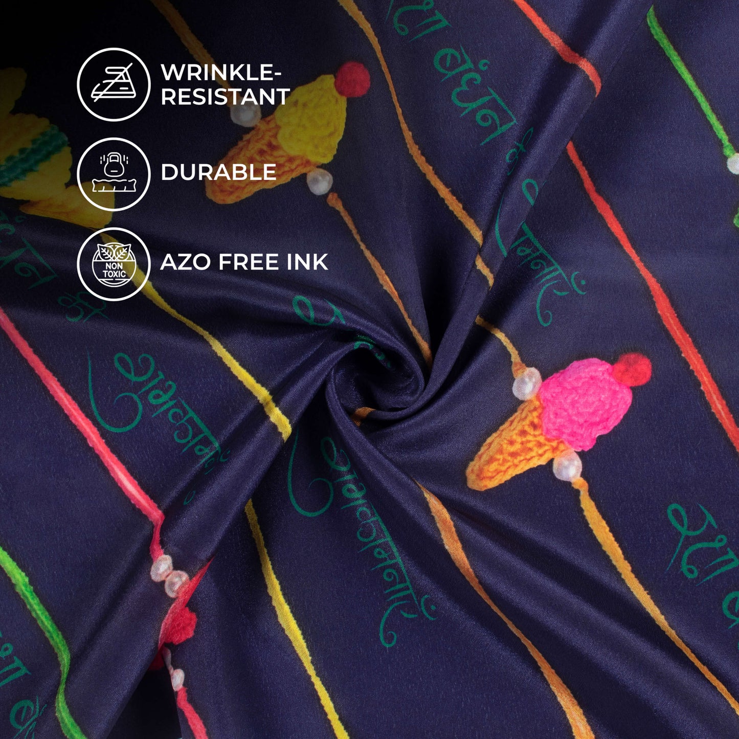 Navy Blue And Yellow Rakhi Pattern Digital Print Crepe Silk Fabric