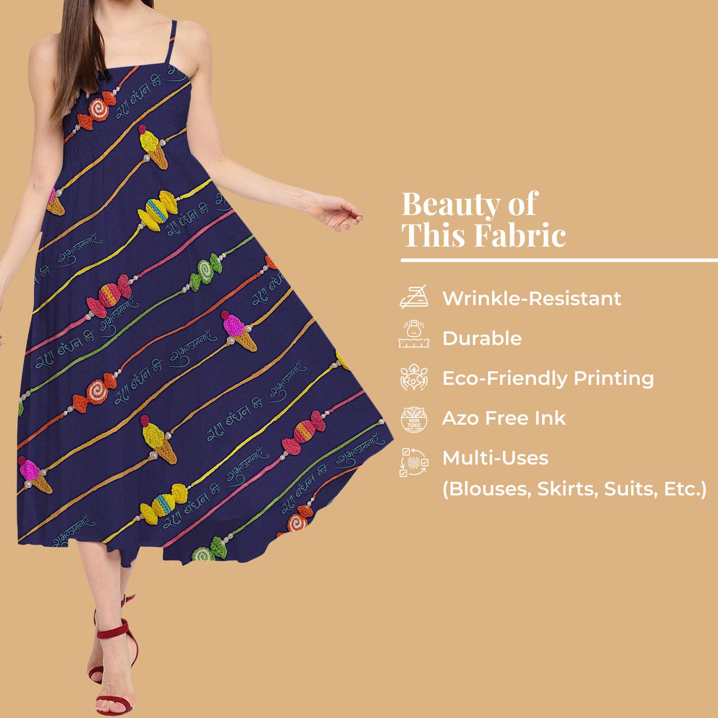 Navy Blue And Yellow Rakhi Pattern Digital Print Crepe Silk Fabric