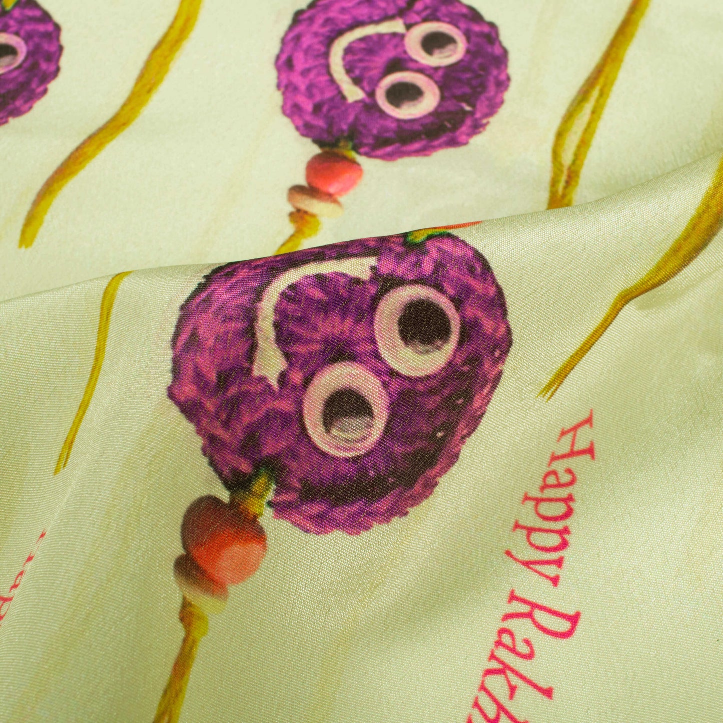 Corn Yellow And Grape Purple Rakhi Pattern Digital Print Crepe Silk Fabric