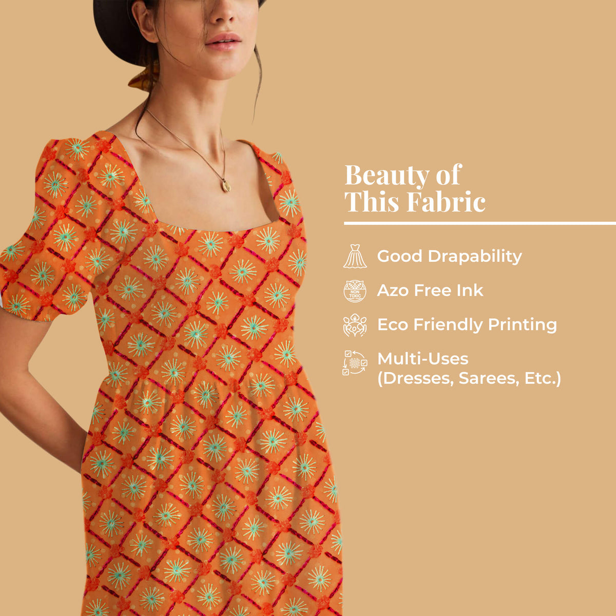 Royal Orange And Green Gamthi Pattern Digital Print Jacquard Booti Japan Satin Fabric (Width 56 Inches)