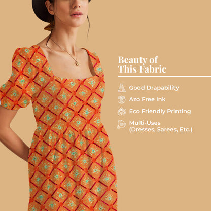 Royal Orange And Green Gamthee Pattern Digital Print Jacquard Booti Japan Satin Fabric (Width 56 Inches)