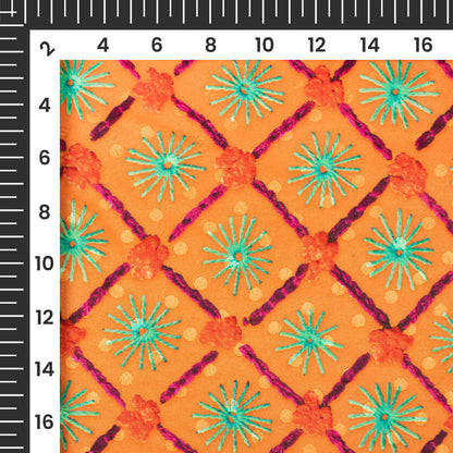 Royal Orange And Green Gamthee Pattern Digital Print Jacquard Booti Japan Satin Fabric (Width 56 Inches)