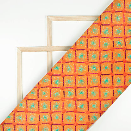 Royal Orange And Green Gamthee Pattern Digital Print Jacquard Booti Japan Satin Fabric (Width 56 Inches)