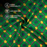 Forest Green And Corn Yellow Gamthee Pattern Digital Print Jacquard Booti Japan Satin Fabric (Width 56 Inches)