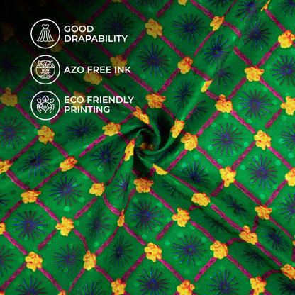 Forest Green And Corn Yellow Gamthee Pattern Digital Print Jacquard Booti Japan Satin Fabric (Width 56 Inches)