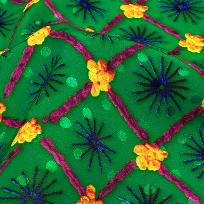 Forest Green And Corn Yellow Gamthee Pattern Digital Print Jacquard Booti Japan Satin Fabric (Width 56 Inches)