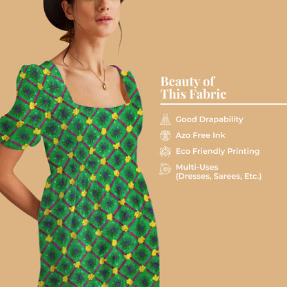 Forest Green And Corn Yellow Gamthee Pattern Digital Print Jacquard Booti Japan Satin Fabric (Width 56 Inches)
