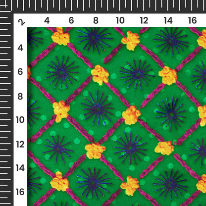 Forest Green And Corn Yellow Gamthee Pattern Digital Print Jacquard Booti Japan Satin Fabric (Width 56 Inches)