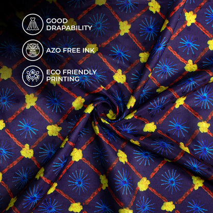 Navy Blue And Corn Yellow Gamthee Pattern Digital Print Jacquard Booti Japan Satin Fabric (Width 56 Inches)