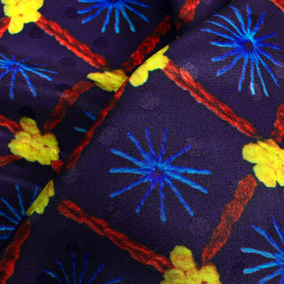 Navy Blue And Corn Yellow Gamthee Pattern Digital Print Jacquard Booti Japan Satin Fabric (Width 56 Inches)