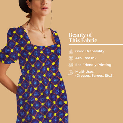 Navy Blue And Corn Yellow Gamthee Pattern Digital Print Jacquard Booti Japan Satin Fabric (Width 56 Inches)