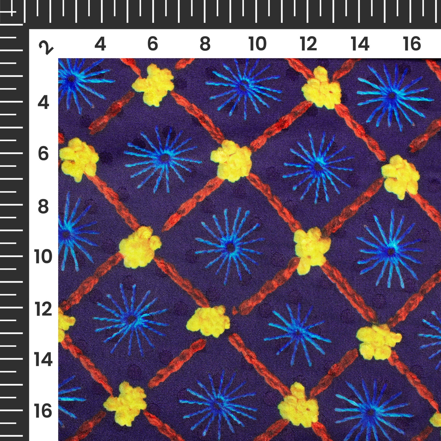 Navy Blue And Corn Yellow Gamthi Pattern Digital Print Jacquard Booti Japan Satin Fabric (Width 56 Inches)