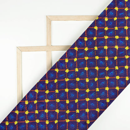 Navy Blue And Corn Yellow Gamthee Pattern Digital Print Jacquard Booti Japan Satin Fabric (Width 56 Inches)