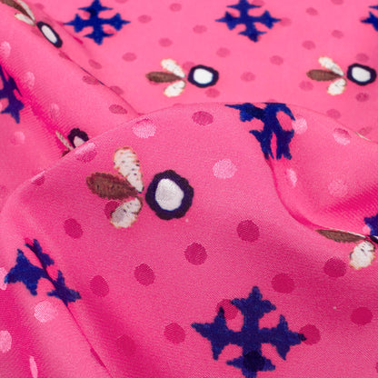 Hot Pink And Blue Gamthee Pattern Digital Print Jacquard Booti Japan Satin Fabric (Width 56 Inches)