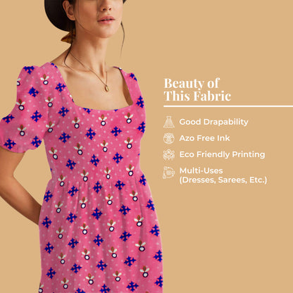 Hot Pink And Blue Gamthee Pattern Digital Print Jacquard Booti Japan Satin Fabric (Width 56 Inches)