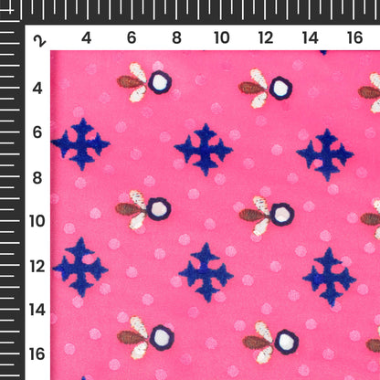 Hot Pink And Blue Gamthee Pattern Digital Print Jacquard Booti Japan Satin Fabric (Width 56 Inches)