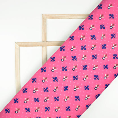 Hot Pink And Blue Gamthee Pattern Digital Print Jacquard Booti Japan Satin Fabric (Width 56 Inches)